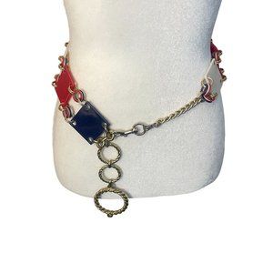 Vintage Nautical Geometric Square Gold Chain Belt Red White Blue